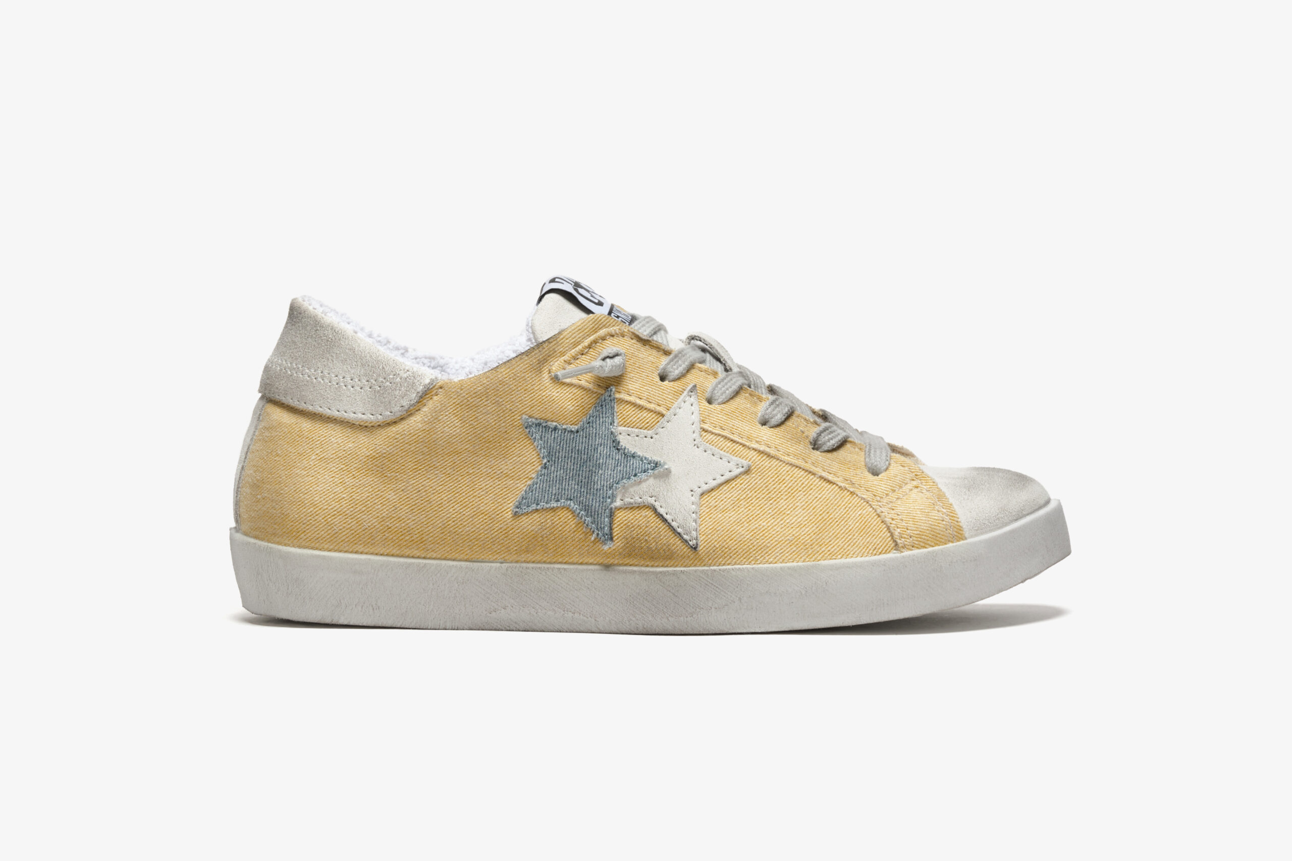 2 STAR SNEAKER LOW IN CANVAS GIALLO DETTAGLI BLUE JEANS E GHIACCIO - EFFETTO "USED"