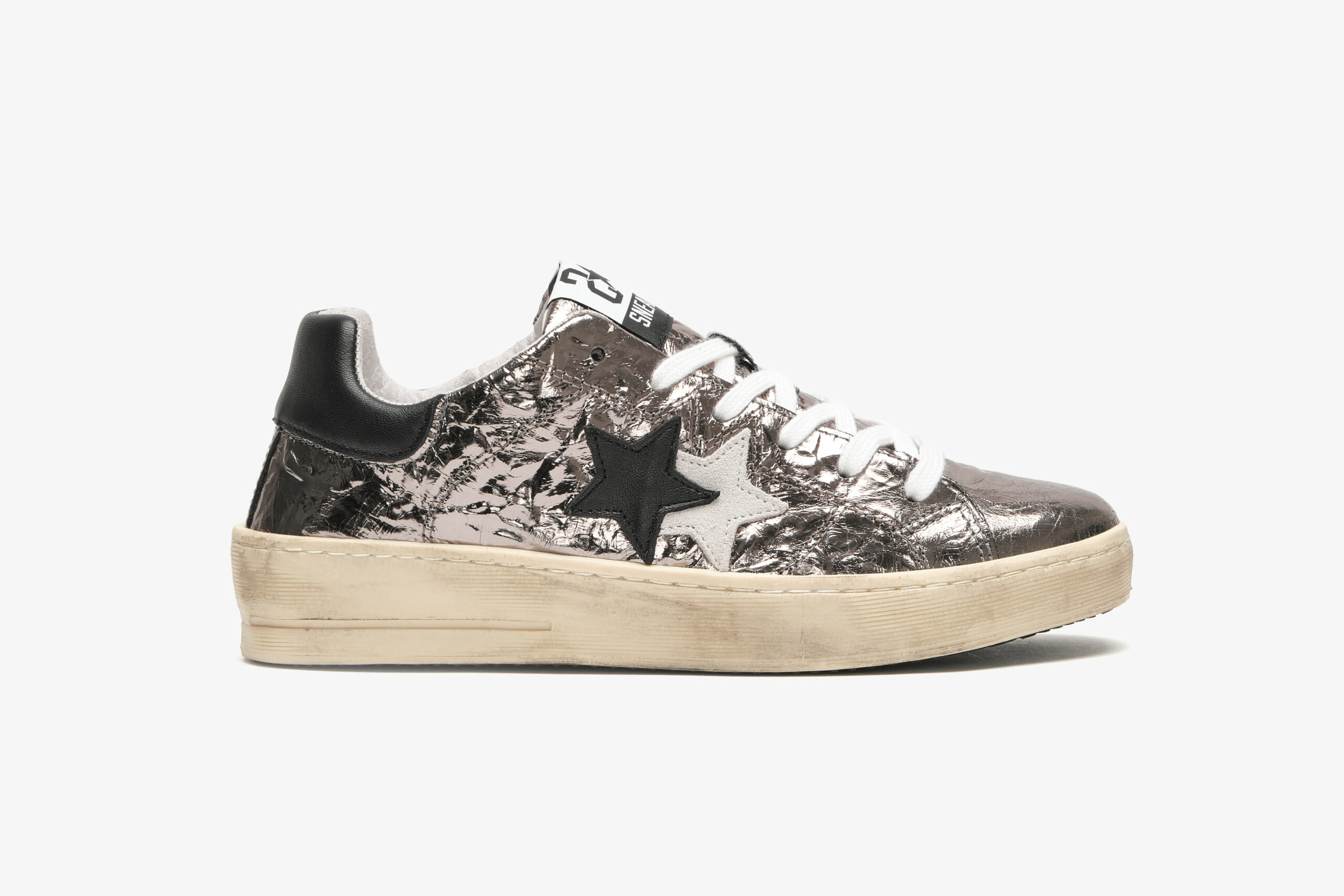 2 STAR SNEAKERS WALK PELLE LAMINATA PIOMBO CON DETTAGLI NERI E BIANCHI