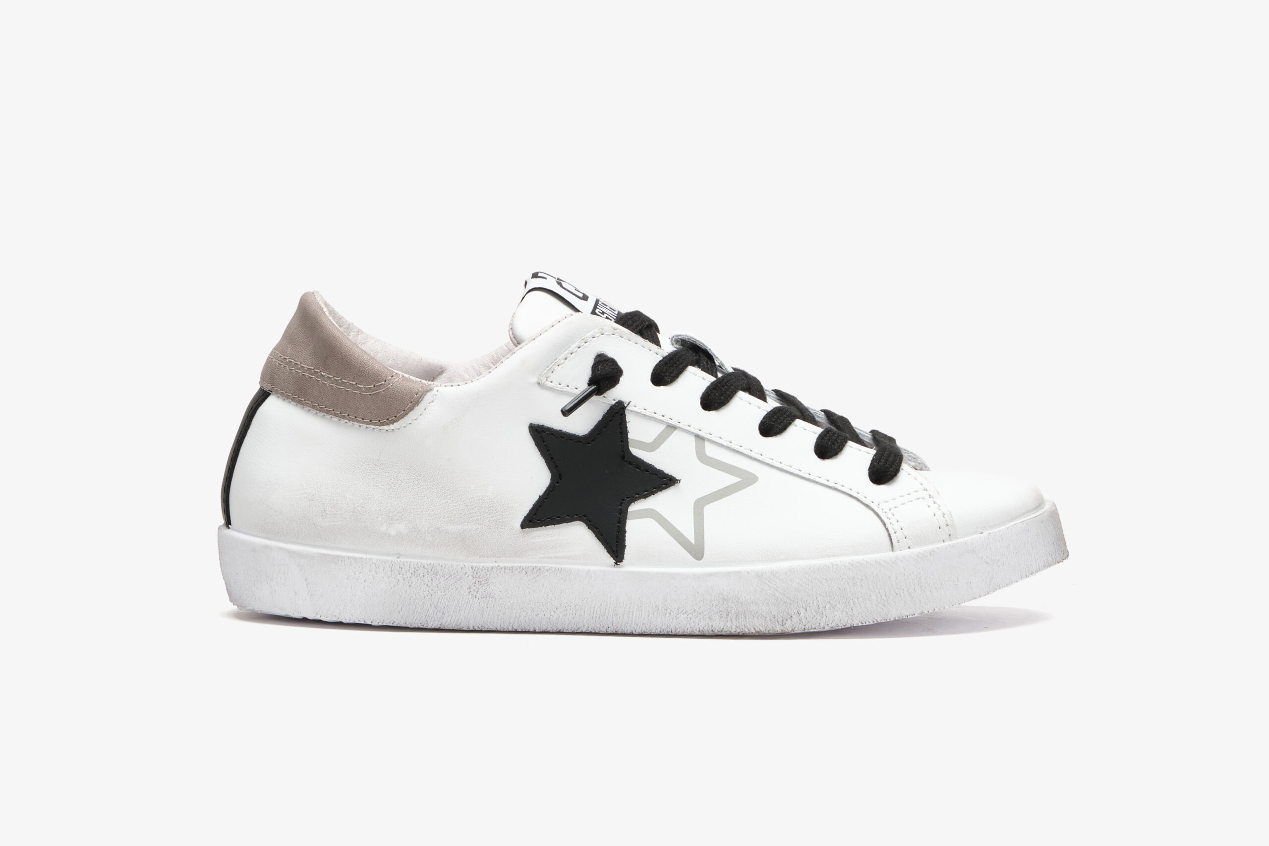 2 STAR SNEAKERS PRIME STAR PELLE BIANCA CON DETTAGLI GRIGI E NERI ED EFFETTO USED