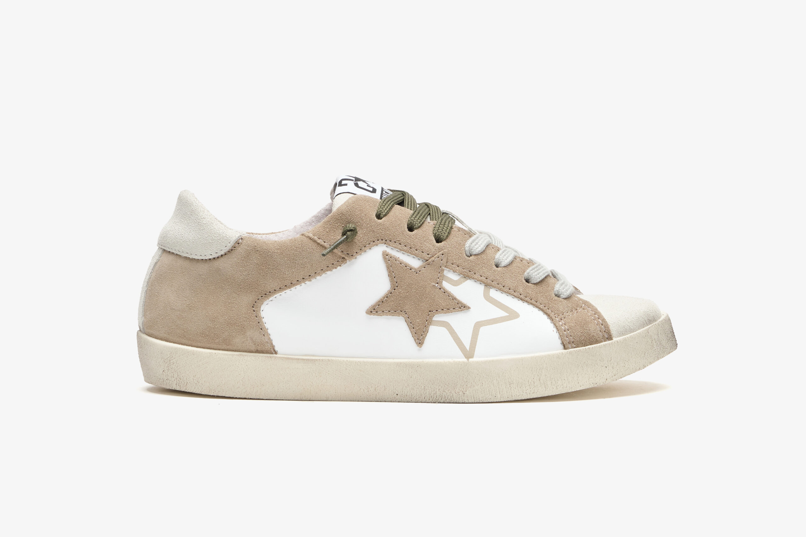 2 STAR SNEAKERS VERY STAR PELLE BIANCA CON DETTAGLI IN CROSTA BEIGE