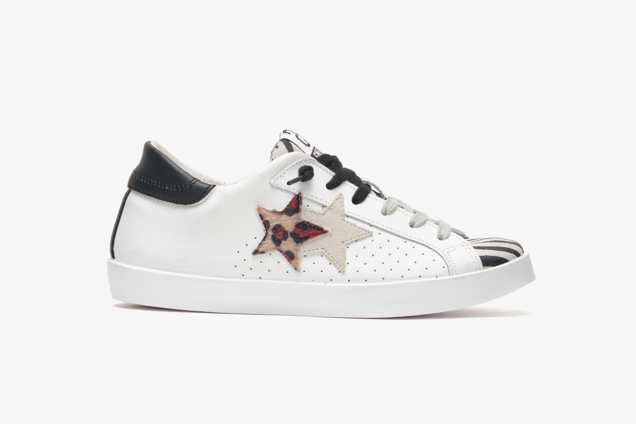 2 STAR SNEAKERS PRIME STAR IN PELLE BIANCA CON DETTAGLI ZEBRATI/LEOPARDATI/NERI