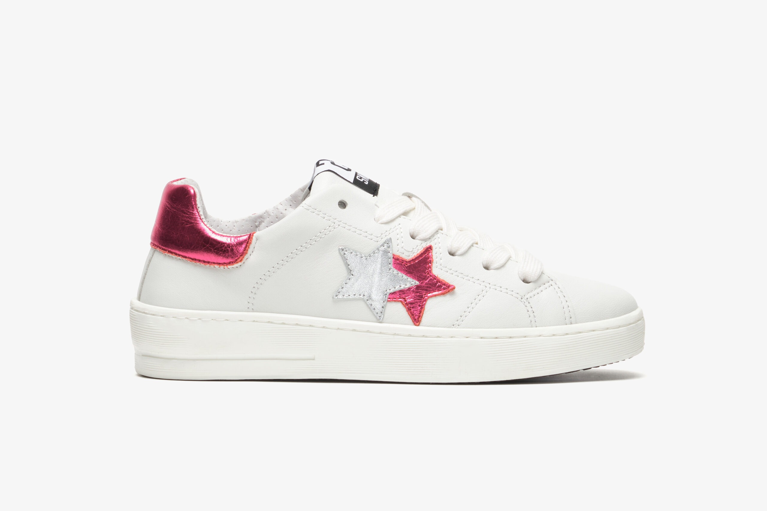 2 STAR SNEAKERS WALK STAR IN PELLE BIANCA CON DETTAGLI FUXIA E ARGENTO