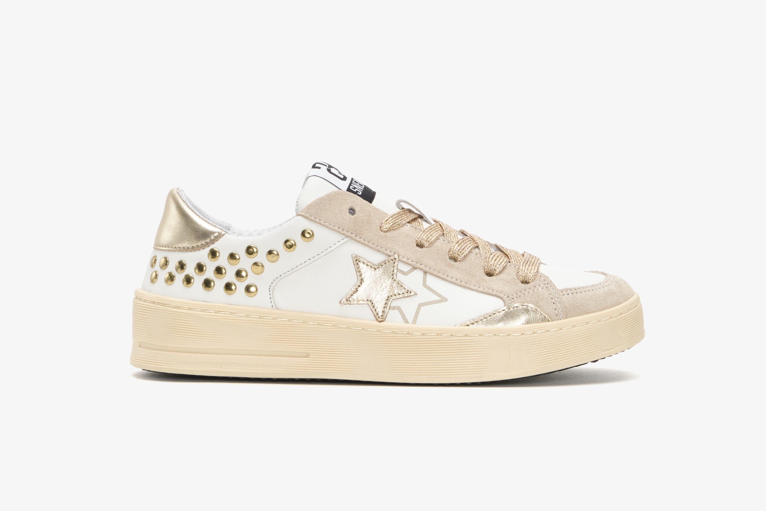 2 STAR SNEAKERS ENJOY STAR IN PELLE BIANCA CON BORCHIE DORATE