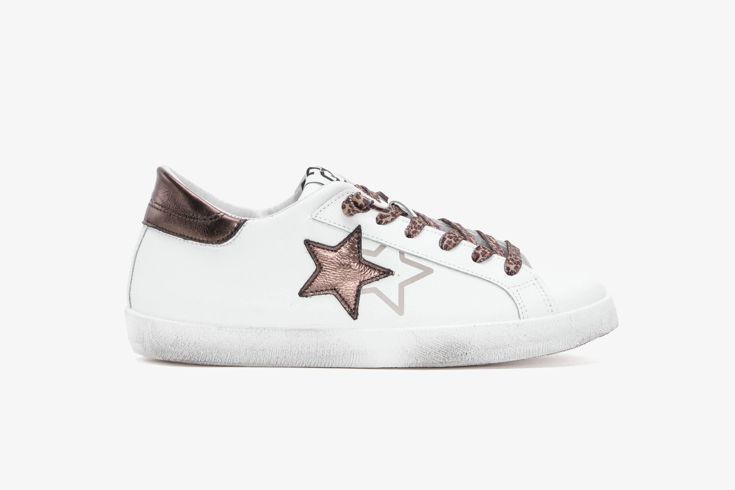 2 STAR SNEAKERS PRIME STAR IN PELLE BIANCA DETTAGLI MARRONI LAMINATI E LEOPARDATI